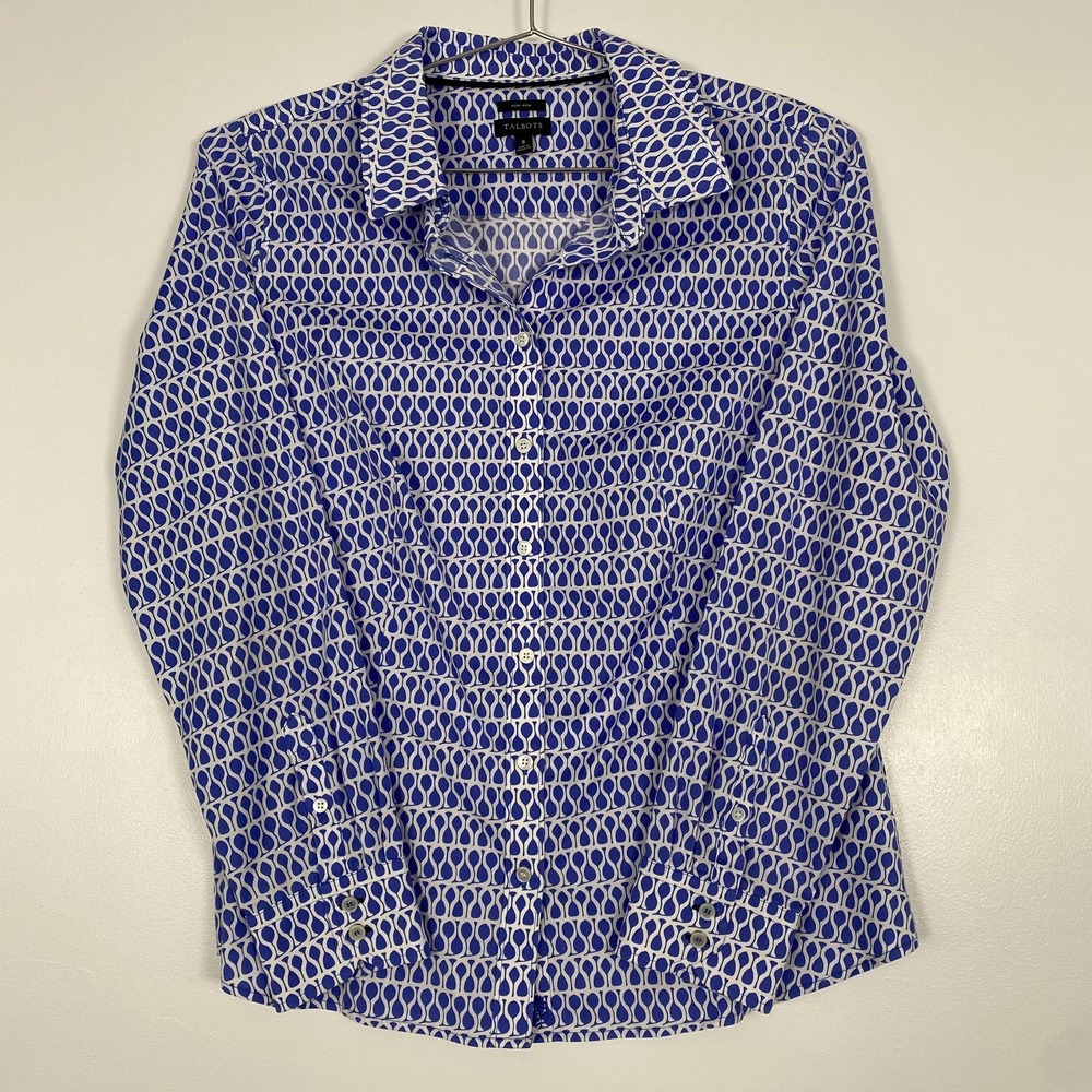 Talbots‎ Shirt Womens 8 Blue Geometric Non Iron Button Front Long Sleeve Stretch
